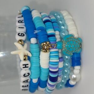 7 Beachy Beaded Bracelets Set Stackable Boho Friendship Charm Stacked Heishi NEW